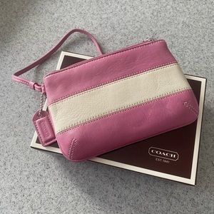 Pink and white striped Coach wristlet NWT